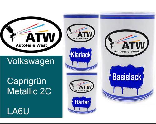 Volkswagen, Caprigrün Metallic 2C, LA6U: 500ml Lackdose + 500ml Klarlack + 250ml Härter - Set, von ATW Autoteile West.